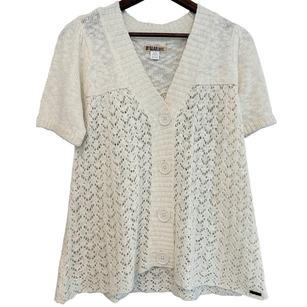 Billabong Ivory Crochet Open Knit Button Down Cardigan Size Medium Surf‎ Beach